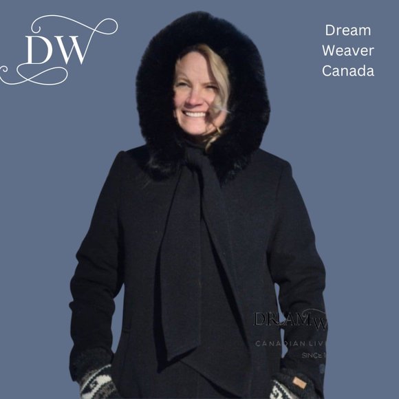 Black Dress Coat with Faux Fur Hood and Scarf - Picture 2 of 11